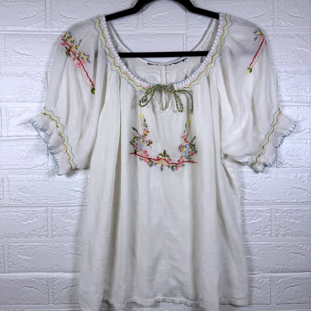 Peasant Blouse Women L White Embroidered Floral Boho Ruffle Top